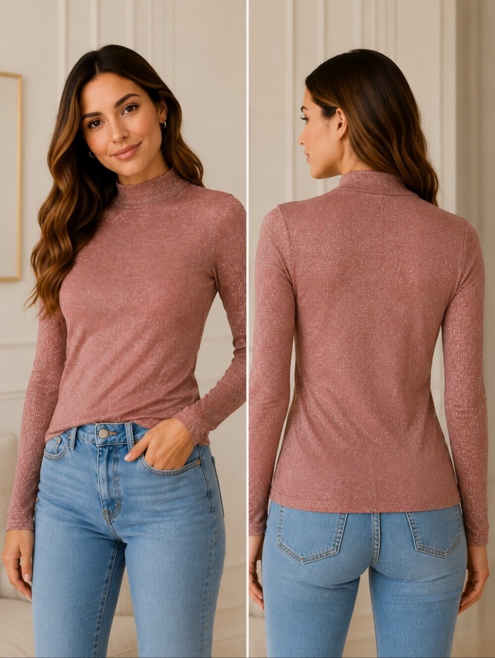 Express metallic shimmer mock neck long sleeve top XS dusty rose Y2K glitter